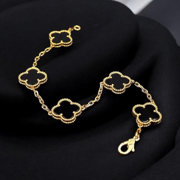 New Gold Plated Alhambra 5 Motifs Clovers Van Bracelet - Picture 2 of 10
